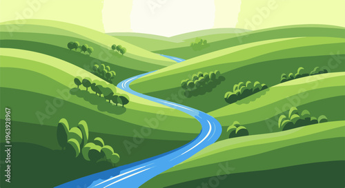 A stylized, vibrant landscape with rolling green hills and a winding blue river