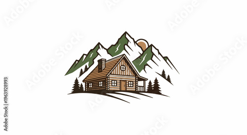 A rustic log cabin nestles among green mountains under a setting sun