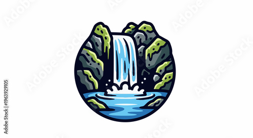 A stylized waterfall cascades down rocky, moss-covered cliffs into a blue pool