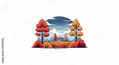 A quaint house sits amidst a vibrant autumn landscape with fiery trees