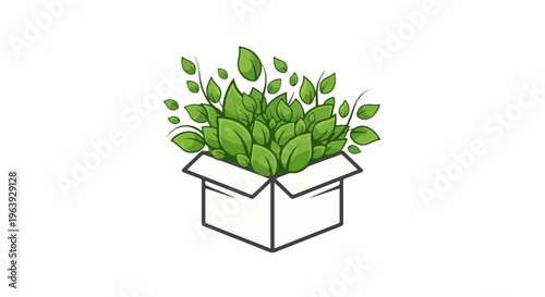 A stylized white box overflows with vibrant green leaves and vines