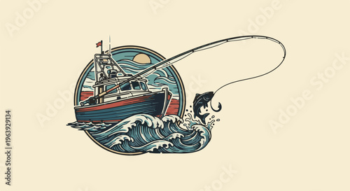 A stylized fishing boat battles a leaping fish in rough seas