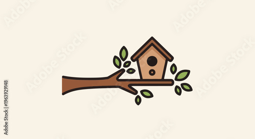 A stylized illustration of a wooden birdhouse perched on a tree branch with green leaves