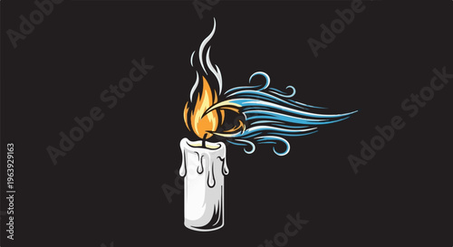 A stylized white candle with drips melts, its flame a mix of orange and blue