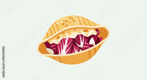 A stylized flat illustration of a golden pita pocket filled with fresh radicchio and a creamy sauce