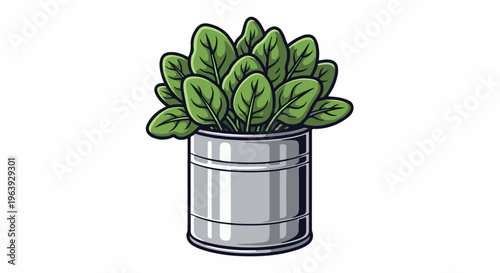 A simple, stylized illustration of fresh green leaves in a metallic cylindrical pot