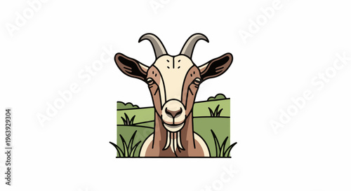 A stylized goat's head with curved horns and a beard peeks over green grass