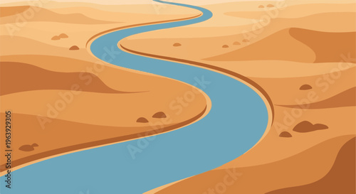 A winding blue river flows through a barren desert landscape with dunes