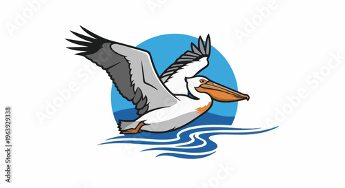 A stylized white pelican with gray wings soars over blue water