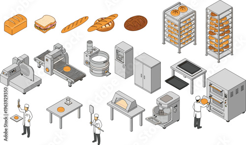 Industrial bakery production line with bread types, baking equipment, dough processing machines, ovens and workers in modern food factory