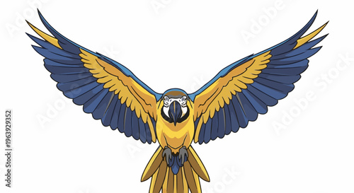 A vibrant blue and yellow parrot with outstretched wings in mid-flight