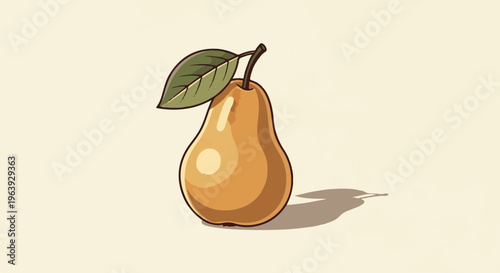 A stylized golden pear with a green leaf rests on a cream background