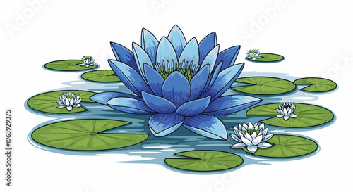 A vibrant blue lotus flower blooms surrounded by white water lilies and green lily pads on rippling water
