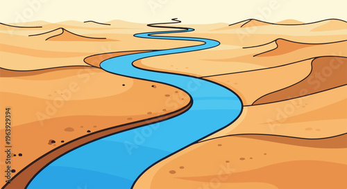 A winding blue river flows through a stylized desert landscape with sand dunes