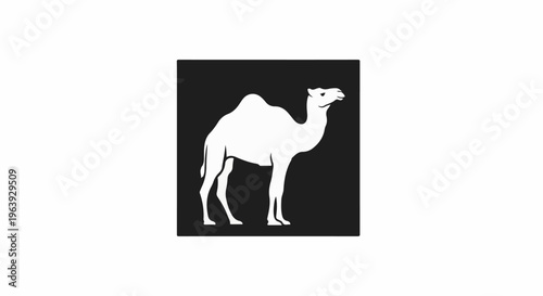 A simple white silhouette of a camel on a black square background