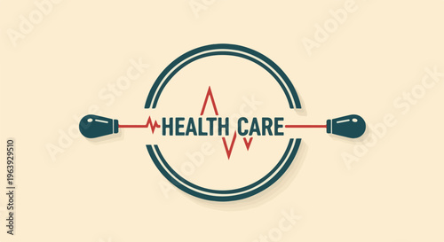 A stylized graphic depicts healthcare with a heartbeat line and medical icons
