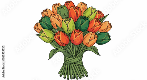 A vibrant bouquet of assorted orange and green tulips tied together with green stems