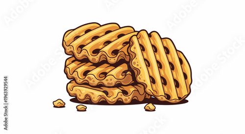 A stack of crispy, golden waffle fries with dark brown accents