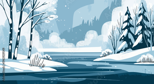 A serene winter landscape with snow-covered trees and a frozen river