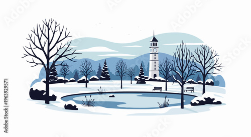 A serene winter park scene with a frozen pond and a distant clock tower