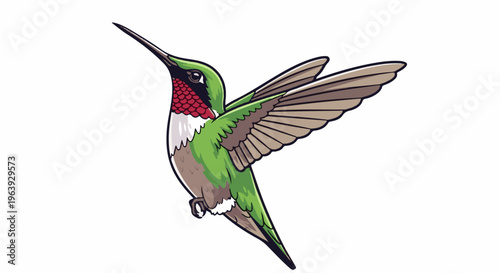 A small hummingbird with emerald green body and crimson throat hovers