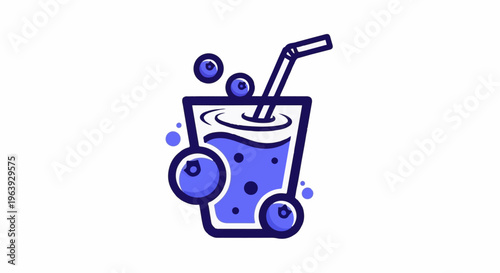A stylized graphic of a blueberry smoothie with berries and a straw