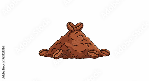 A small pile of brown coffee grounds with several coffee beans scattered around