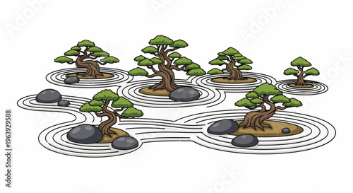 A stylized zen garden with bonsai trees and raked sand patterns