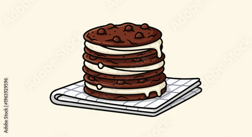 A stack of decadent chocolate chip ice cream sandwiches on a napkin