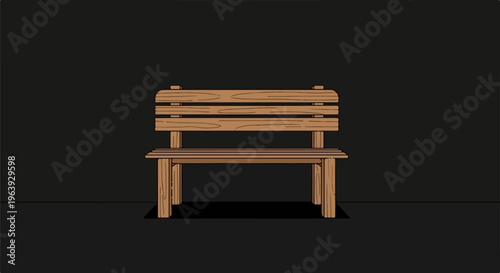 A simple wooden bench stands centered against a dark background