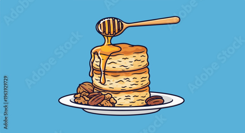 A stack of golden biscuits drizzled with honey, served with nuts
