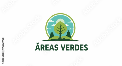 A stylized green circular landscape with a central tree, hills, and sky