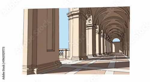 A sunlit, arched corridor lined with classical columns and a checkered floor