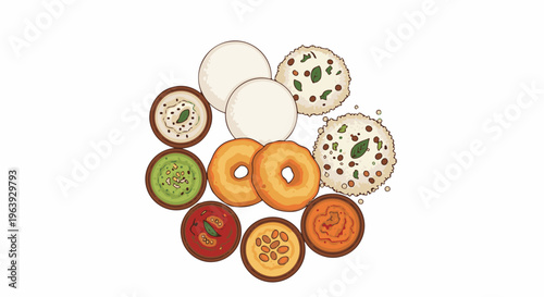 A visually appealing arrangement of various South Indian delicacies with dipping sauces