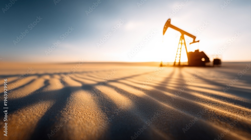Fototapeta premium Oil Pump Jack Silhouette in Desert at Sunrise, Industrial Landscape with Fossil Fuel Extraction