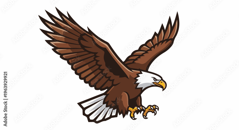 Fototapeta premium A stylized brown eagle with white head and yellow beak and talons