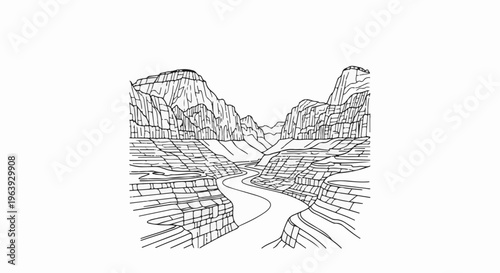 A winding river carves through towering, stratified canyon walls under a clear sky