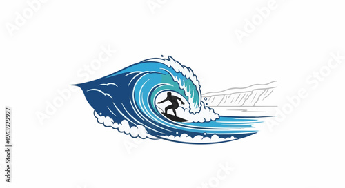 A surfer glides within a powerful, blue, cresting ocean wave