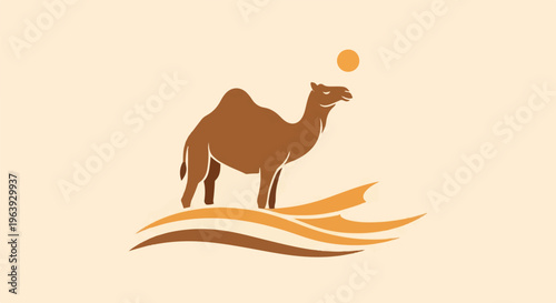 A stylized camel stands on sand dunes under a sun