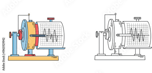 Seismograph Machine Vector Illustration in Colored and Outline Styles for Earthquake Detection, Seismic Activity Measurement, Science Education, and Geophysics Research Projects