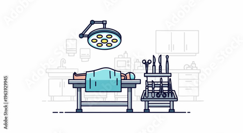 A surgery room scene with patient on table, instruments, and lamp