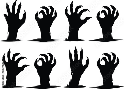 Zombie hands silhouettes set vector illustration, creepy horror undead arms rising from ground isolated spooky design collection