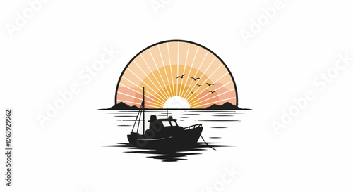 A silhouette boat floats on the water beneath a radiant sunset with birds flying