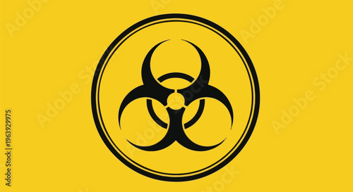 A stark biohazard symbol in black and white on a bright yellow background