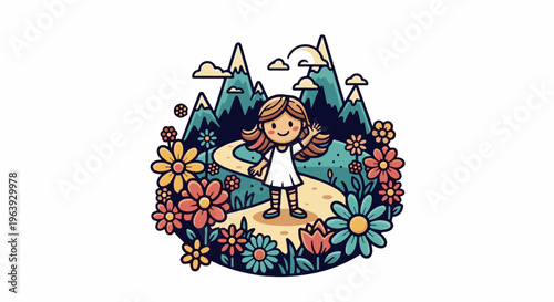 A smiling girl stands on a winding path surrounded by colorful flowers and mountains