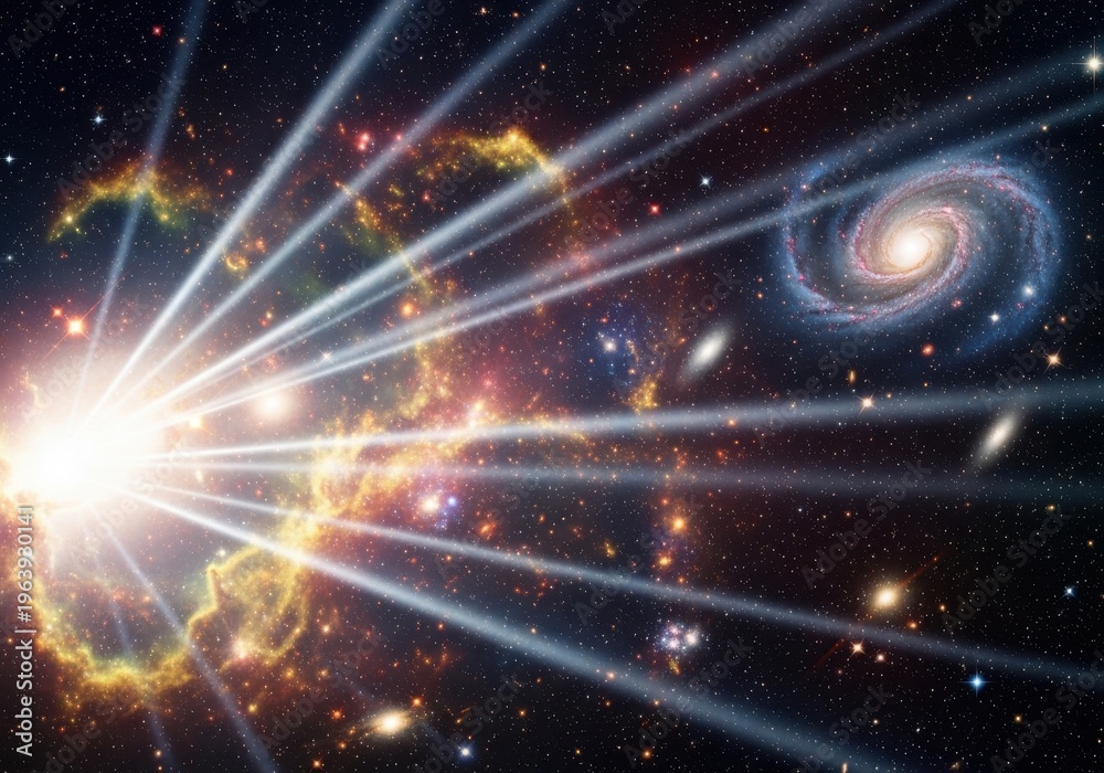 Naklejka premium Cosmic explosion illuminating distant galaxies and nebulae against the vastness of space