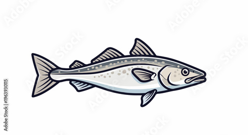 A stylized cartoon illustration of a silver fish with dark spots on its body