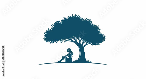A silhouette of a woman rests under the shade of a large, leafy tree