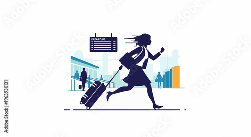 A silhouette of a woman in business attire rushes with her suitcase in an airport