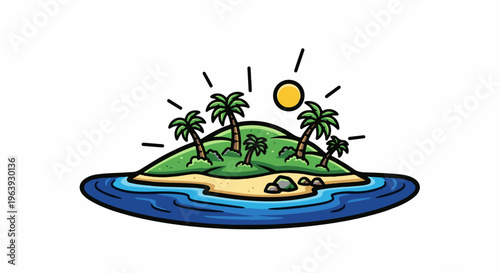 A stylized cartoon island with palm trees, sand, rocks, and water